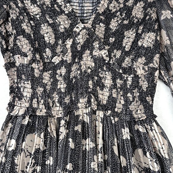 Dizzy Lizzy Black Floral Midi Dress Sz L Smocked Empire Waist Long Sleeve NWOT - Picture 10 of 14